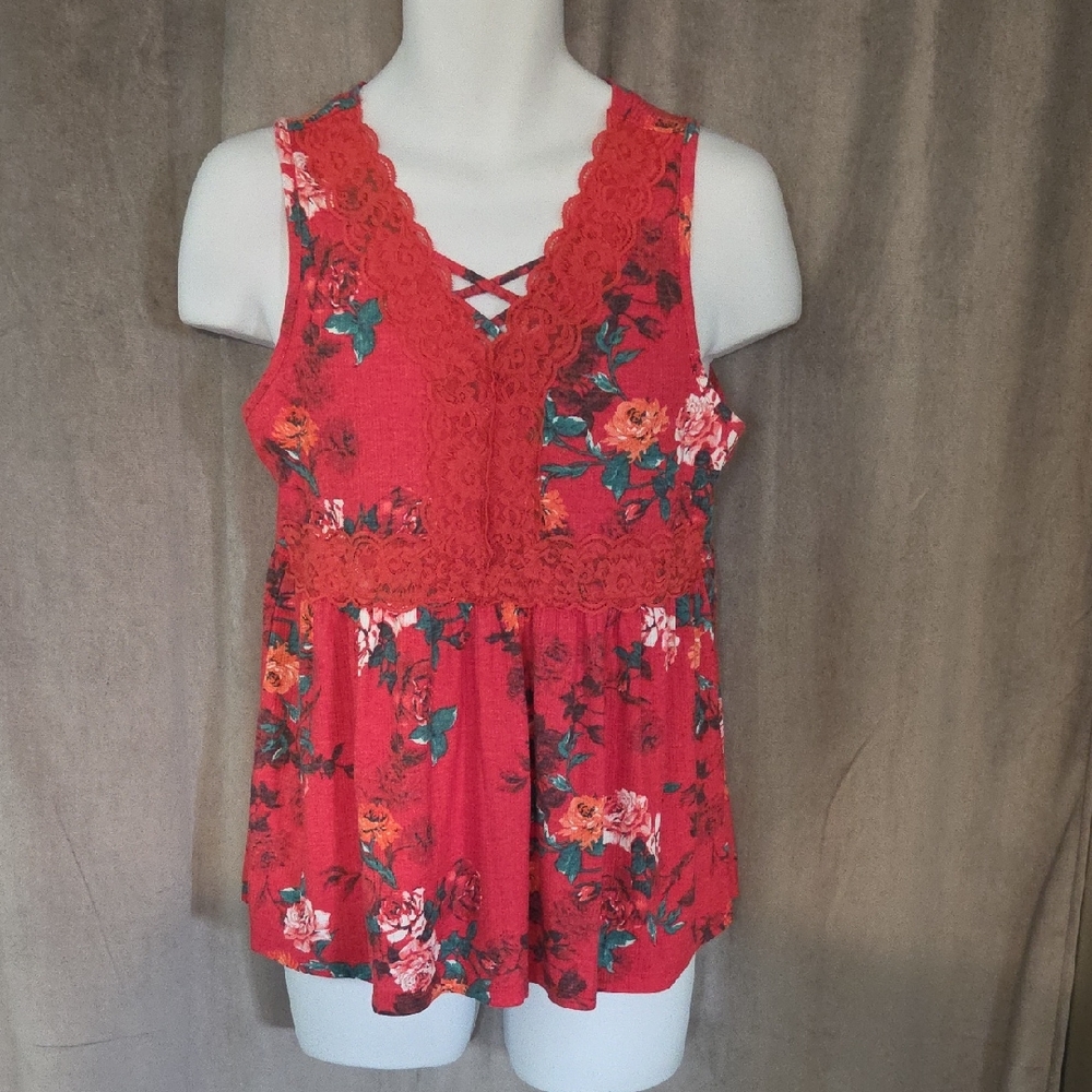 Torrid 00 Red Floral Lace Tank Top - Picture 1 of 4